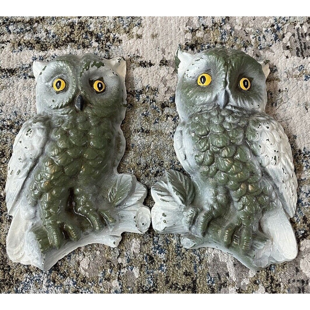 Set of 2 Vintage HOMCO Owl Wall Plaques Hanging Home Interior Foam Gray Cream
